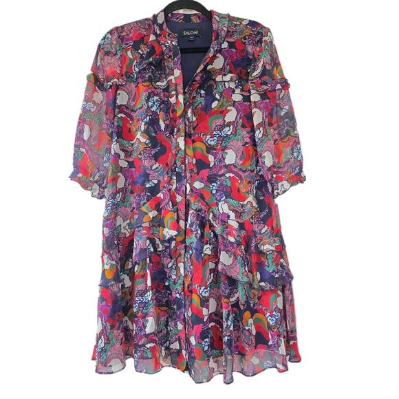 SALONI Dresses & Skirts - Saloni Tilly Abstract Multicolor Ruffle Silk Mini Dress 0 Whimsy Avant-garde